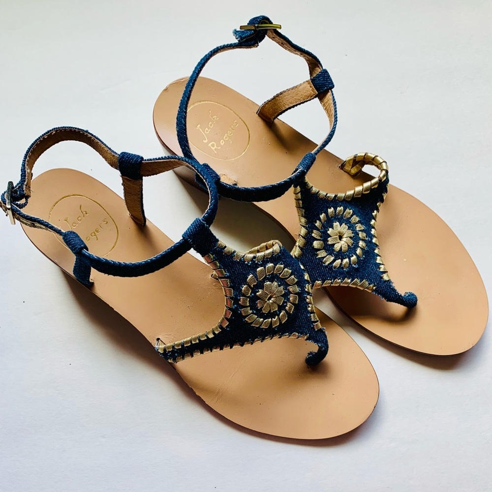 Jack Rogers Navy Denim and Gold Navajo Gladiator Sandals, Size 10